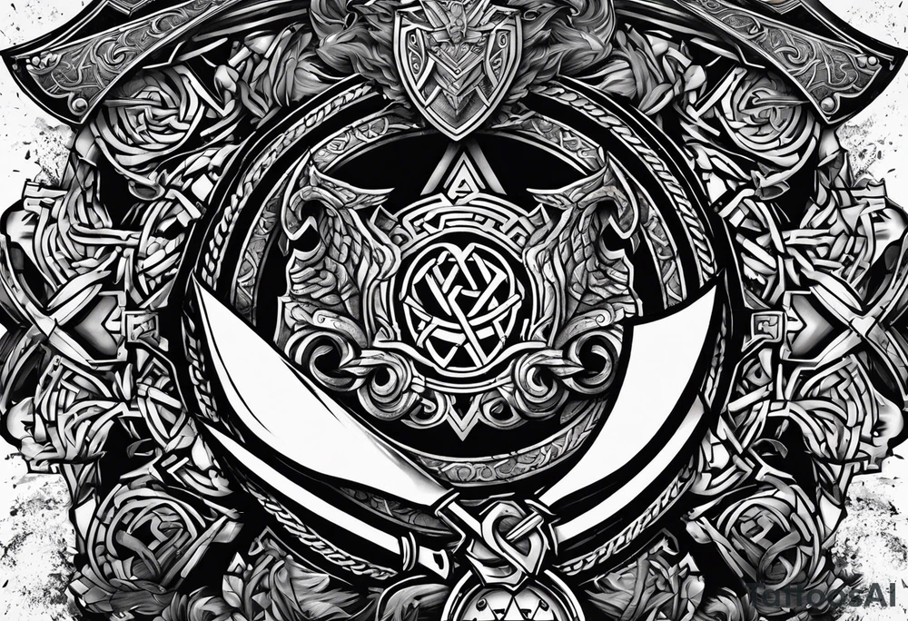 Valhalla sword shield axe Valknut chains tattoo idea Valhalla sword shield axe Valknut chains tattoo idea