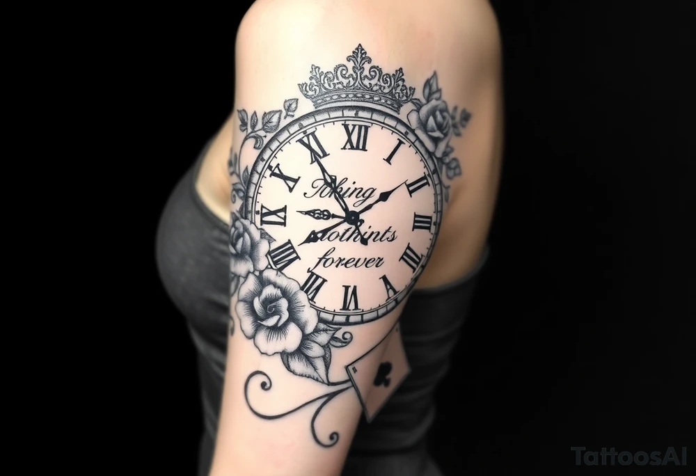 Roman clock with roses and a crown, a quote that says nothings forever. and on the bottom a deck of cards tattoo idea