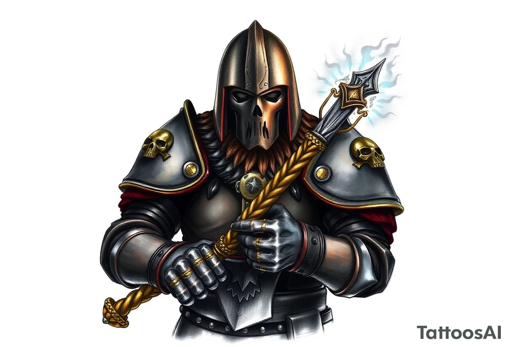 Warhammer, the Old World. A warrior priest of Sigmar holding "The Warhammer of Sigmar" or known as Ghal Maraz. The Warhammer of Sigmar is radiating thunderous energy. The warhammer is held by the warrior priest with both gripping hands at the shaft, upon his chest level. The Warrior priest is wearing dark alloyed heavy armour (reference armor from warhammer vermintide 2 Victor Saltzpyres, the warrior priest of Sigmar class) with skull sigils on his shoulder pads. The warrior priest is wearing a helmet, while the helmets front visor has an humanoid metal face covering. The helmet and armour are gladened with hints of gold and crimson red. The Warhammer is silverish and golden with a long shaft with twisted carvings. tattoo idea