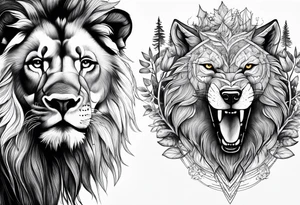 lion and a wolf combined whit a forest tattoo idea