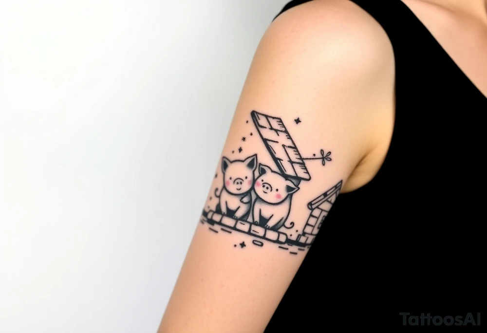 Three little pigs nursery rhyme hiding in a brick house from the big bad wolf tattoo idea