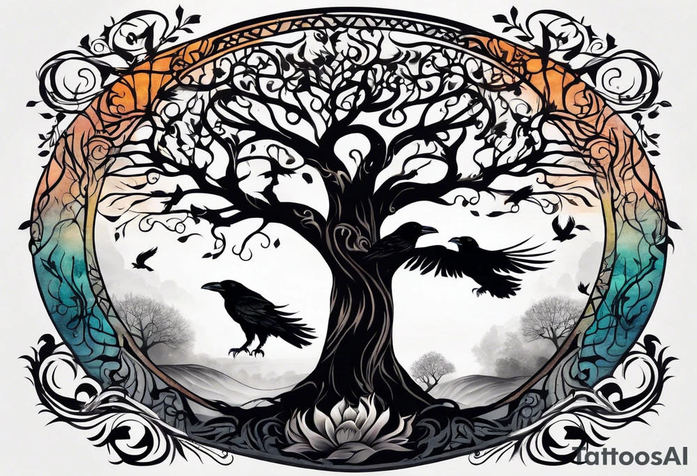 Tree of life with water, ravens, tattoo idea