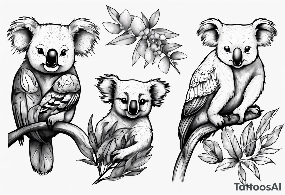 A koala with a kookaburra with eucalyptus leaves and wattle leaves tattoo idea