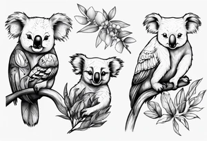 A koala with a kookaburra with eucalyptus leaves and wattle leaves tattoo idea
