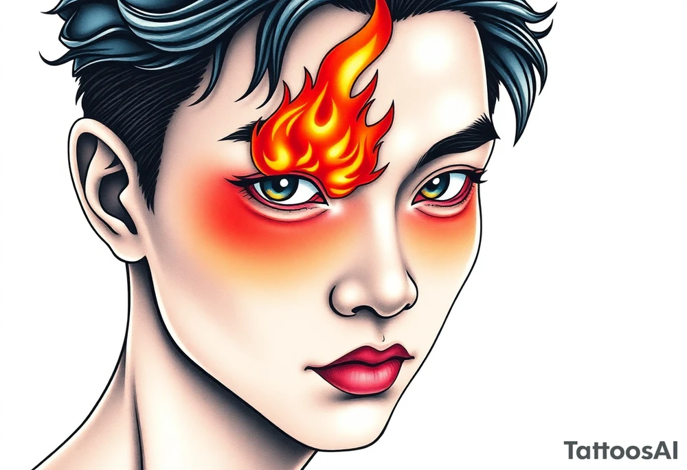 Handsome Asian young guy with a flame eyes tattoo idea