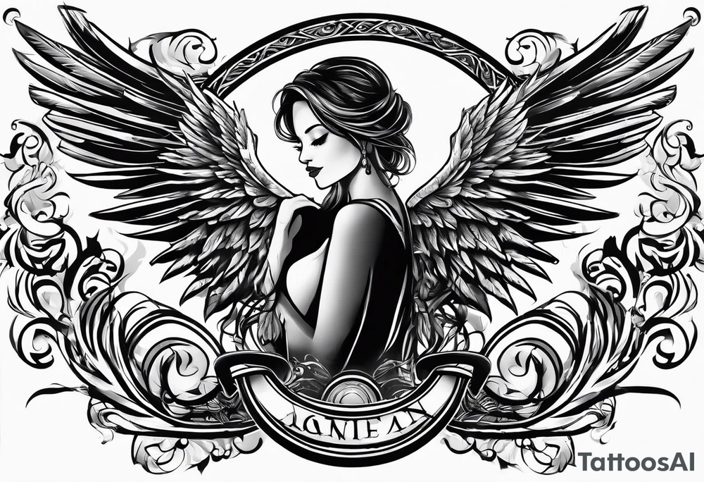 the word Glenn on a banner and angel wings tattoo idea