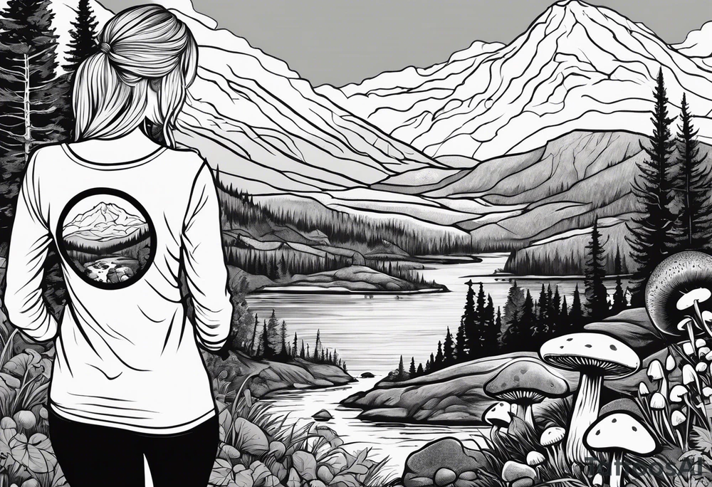 Whole picture encircled fully

Straight long blonde hair hippie girl in distance holding mushrooms in hand facing away toward mountains and creek surrounded by mushrooms long sleeve shirt and hiking pants; whole rendering within a full circle, no cut off circle tattoo idea