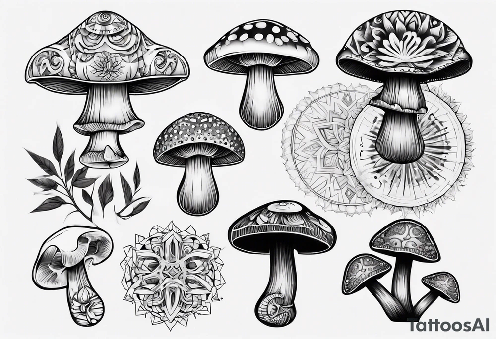 mushrooms, book, mandala tattoo idea
