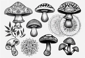 mushrooms, book, mandala tattoo idea