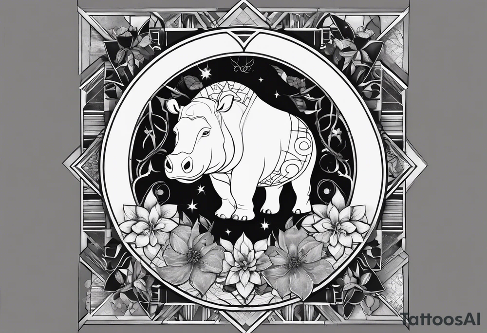 Very asymmetrical, +geometric pattern, with realistic full moon, with hippo,+tribal, +geometric, +inkart , +blackwork, +grey scale, + sketch
with wintersweet flower bud, +inkart touch, +for men, detailed , combined favourite , tattoo idea