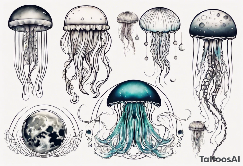 1 jellyfish swimming in front of the moon tattoo idea