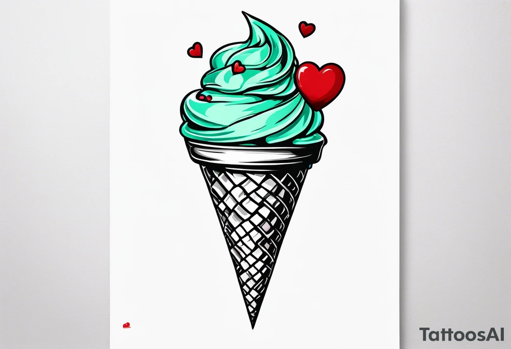 mint chocolate chip ice cream cone with small red heart on it somewhere. tattoo idea