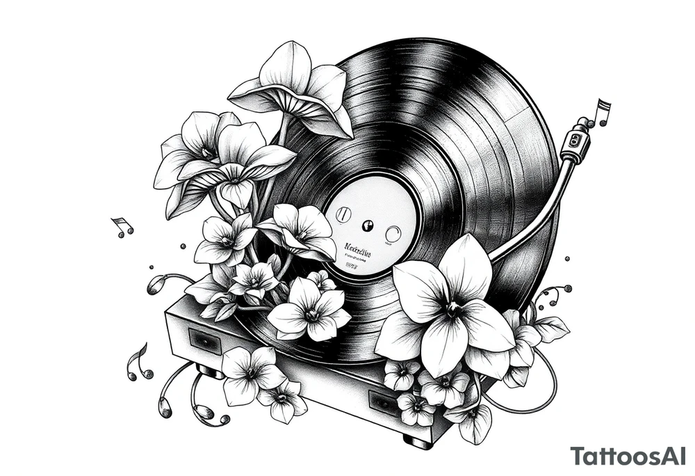 vinyl record player with mushrooms, orchids, and music notes around it tattoo idea