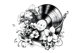 vinyl record player with mushrooms, orchids, and music notes around it tattoo idea