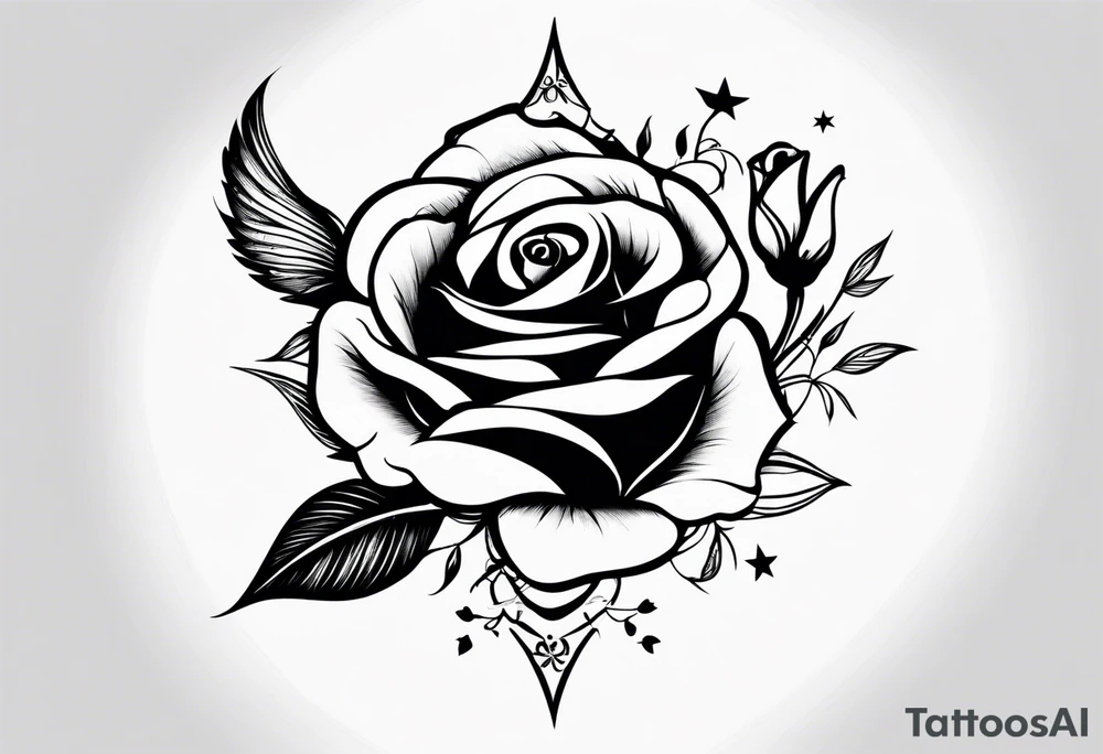 simple lines. minimalist. a rose, no thorns, a few leaves along the stem. three delicate birds flying around the rose. but simple traces of birds seen from a distance and five small stars around them. Small arm tattoo for a delicate woman. tattoo idea