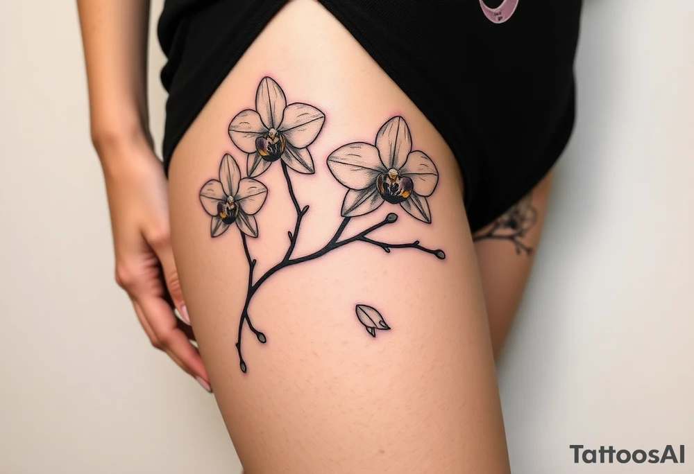 Five delicate fine line orchids different size realistic and a mix of vagina. Are connected with branches tattoo idea