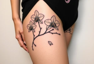 Five delicate fine line orchids different size realistic and a mix of vagina. Are connected with branches tattoo idea