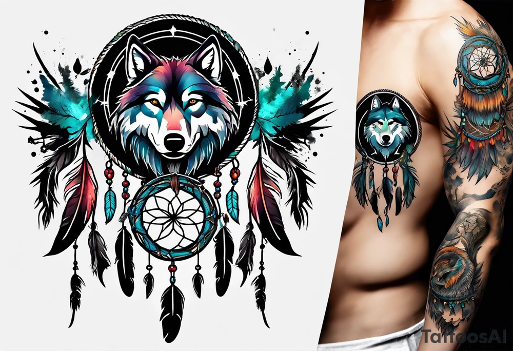 Dreamcatcher with seven wolves and a snake tattoo idea