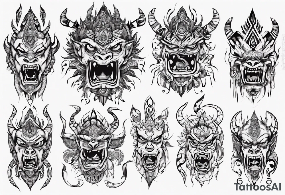 Not that angry Hindu monster with connecting lines going out of it tattoo idea