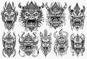 Not that angry Hindu monster with connecting lines going out of it tattoo idea