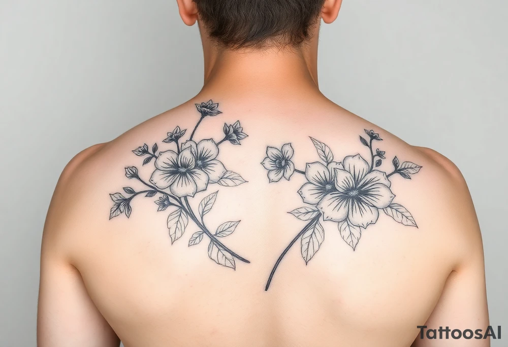Full sleeve tattoo design of larkspur and hawthorn flowers, highly detailed line art, black ink, elegant botanical style, intertwined composition, no shading, no human mock-up, clean stencil style suitable for tattooing, fit fully within boundaries tattoo idea