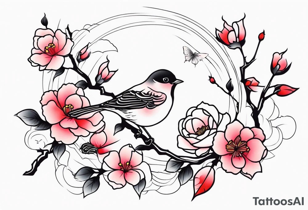 Japanese cherry blossom with birds, butterflies and rose tattoo idea