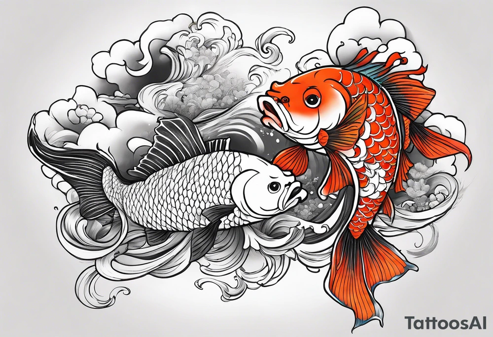 Japanese with karp koi in fond, demon and samouraï first plan with nuage tattoo idea