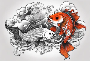Japanese with karp koi in fond, demon and samouraï first plan with nuage tattoo idea