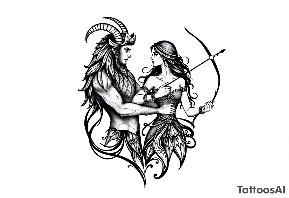 Male Capricorn and female Sagittarius couple high school sweetheart’s unconditional  very close holding eachother tattoo idea