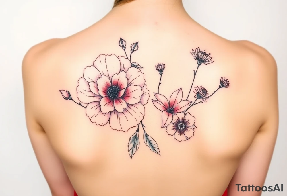 Carnation rose lily luster and aster flower tattoo idea