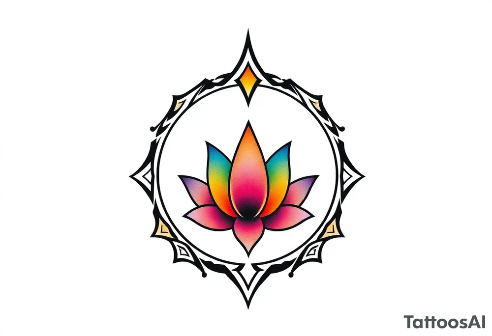 small colorful crescent moon with lotus flower tattoo idea
