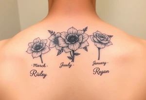 March, July and January birth month flowers with the names Riley, Grace and Regan tattoo idea