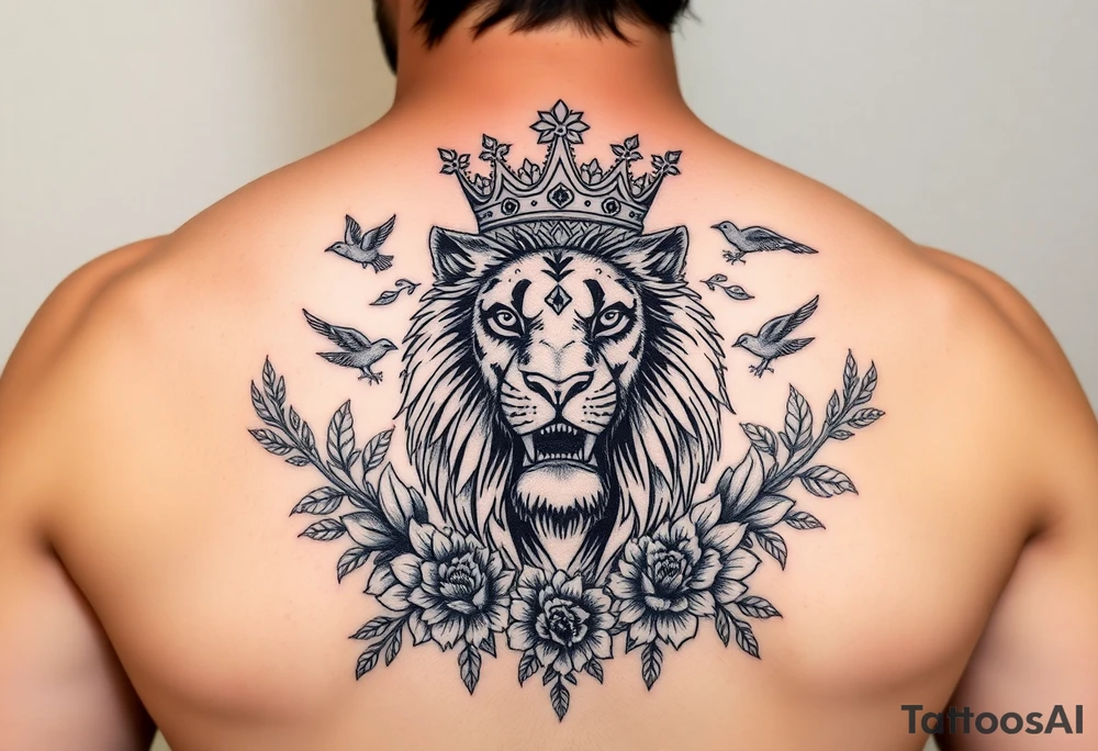 powerful majestic lion with a crown, surrounded by floral ornaments and birds tattoo idea