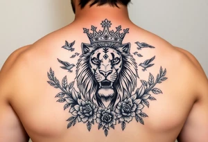 powerful majestic lion with a crown, surrounded by floral ornaments and birds tattoo idea