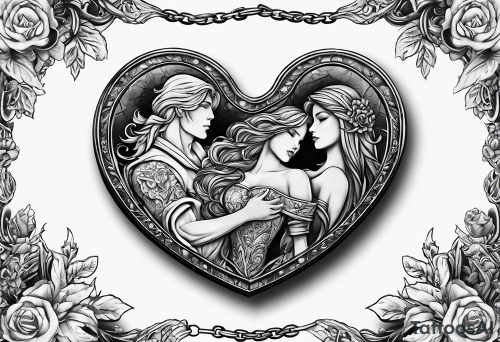 necklace heart locket with a male and female shadow hugging tattoo idea