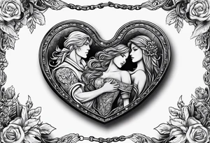 necklace heart locket with a male and female shadow hugging tattoo idea