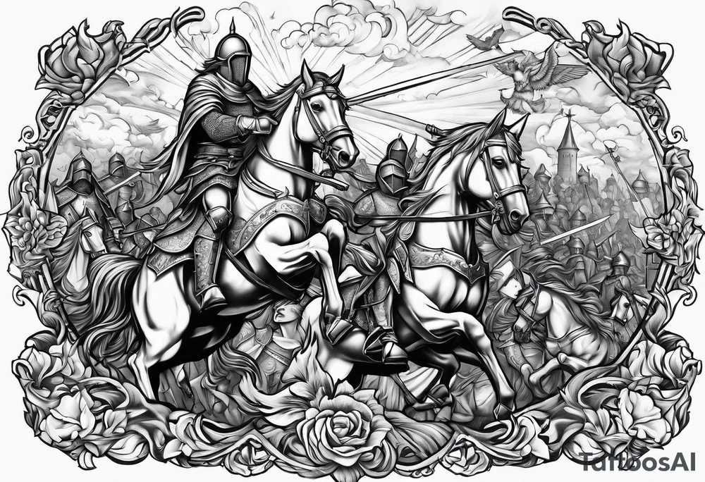English knights battling with jesus christ in the sky tattoo idea