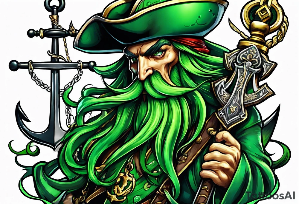 green pirate squid holding sword and anchor tattoo idea