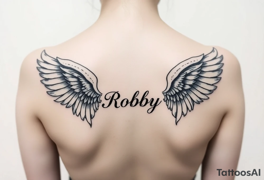 Angel wings on both shoulders and the name Robby in between them tattoo idea