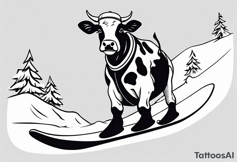 Generate a minimalist and simple black and white tattoo design featuring a joyful cow snowboarding, wearing goggles. Focus on essential lines and details to convey the playful spirit of the scene. The cow should exude confidence while effortlessly snowboarding down a snowy slope. Keep the design clean and uncluttered, suitable for a small to medium-sized tattoo space. Emphasize the charm and whimsy with the addition of goggles, ensuring the overall aesthetic remains simple and minimalistic. The goal is to create a visually appealing and easily recognizable tattoo that captures the essence of a cow enjoying a snowboarding adventure tattoo idea