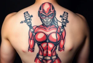 powerful female dominatrix wearing a red latex catsuit and full facemask surrounded by bdsm gear tattoo idea