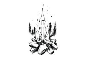Campfire with cross hidden well in the flames include the great outdoors and night sky make sure cross doesn't look like it is on fire tattoo idea