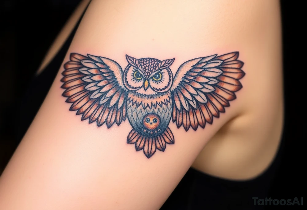 A mother owl spreading her wings over her baby, with intricate feather detailing in deep brown and golden hues, symbolizing wisdom and protection tattoo idea