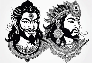 Half Shiva face and half hanuman face with a compass background tattoo idea