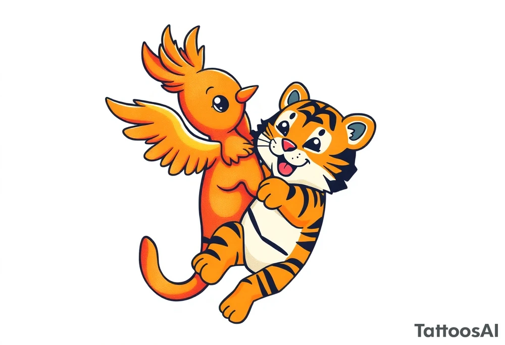 an adorable phoenix and tiger playing together. a blue and orange color scheme tattoo idea