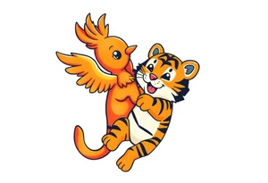 an adorable phoenix and tiger playing together. a blue and orange color scheme tattoo idea