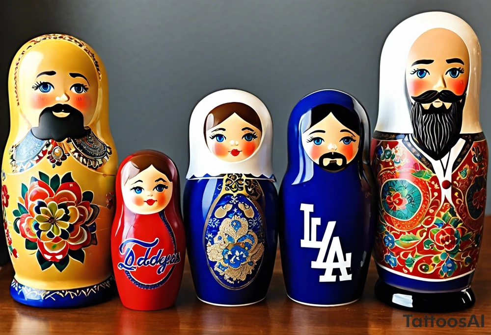 A set of 4 Matryoshka dolls, family of 4. Each separate doll is designed based on their individual description. Father (biggest doll) has full beard, blue eyes, short brown hair, loves LA Dodgers. Mother (second biggest doll) has blonde bob length hair, no beard, blue eyes, thick rimmed black glasses, loves leopard print. Son is 4 years old, blue eyes, blonde spiky hair, loves Paw Patrol. Daughter is 2 years old, blue eyes, long eyelashes, short light brown bob, loves Bluey. tattoo idea