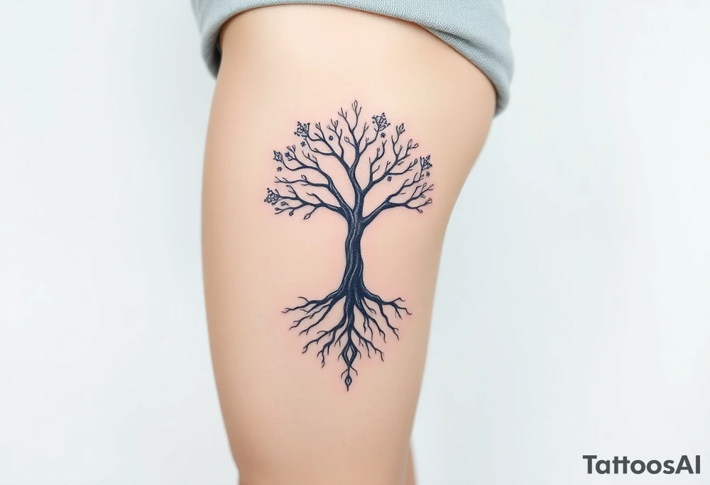 mystical tree of life with cosmic roots and celestial branches tattoo idea