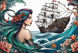 mermaid with galleon ship tattoo idea