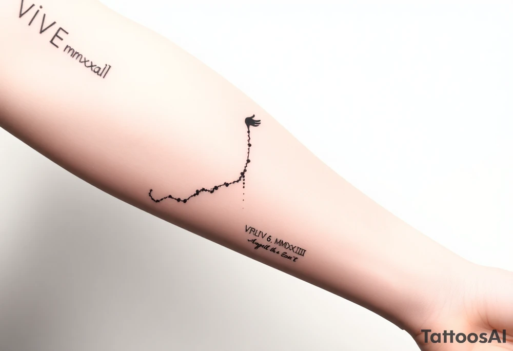 Minimalist black-ink forearm tattoo honoring a father and the continuation of his legacy. Central design: a single, rising abstract line or path starting faint and fragmented at the bottom (symbolizing the father’s unfinished work) and growing solid and strong as it rises (representing the son carrying the legacy forward). Along the path, include fine particle-like lines or dots flowing upward, symbolizing the father’s presence and guidance cheering the son on. Subtly integrate an abstract outline of the father’s figure or hand at the top, ethereal and minimal, watching proudly over the path. Include the Roman numerals or small elegant text: “VI·IV·MMXXIII” to mark April 6, 2023, and optionally the phrase “Building what he couldn’t” integrated along the line. Style: clean, minimalistic, fine-line black ink only, simple but meaningful, vertical forearm layout, emphasizing legacy, guidance, and emotional depth. tattoo idea
